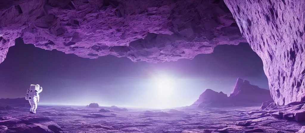 Prompt: astronaut on purple [ [ [ crystal ] ] ] caves, amethyst, beautiful dynamic lighting, cinematic, wide angle establishing shot, extremely high detail, photo realistic, cinematic lighting, matte painting, interstellar, greg rutkowski, roger deakins