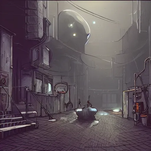 Prompt: a dark steamy alley on a offworld planet colony in the year 2 1 3 2, outside the alley pass by many different alien species