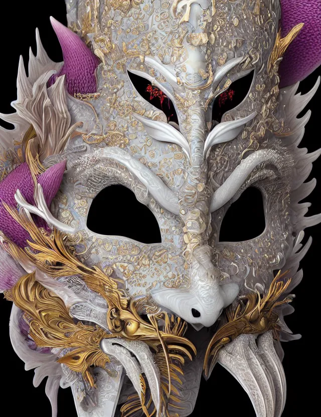 Prompt: 3 d demon in venetian mask close - up profile portrait. beautiful intricately detailed japanese crow kitsune mask and clasical japanese kimono. betta fish, jellyfish phoenix, bio luminescent, plasma, ice, water, wind, creature, artwork by tooth wu and wlop and beeple and greg rutkowski