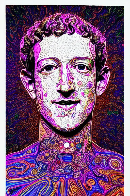 Prompt: beautifully detailed, psychedelic, mystical lsd portrait of mark zuckerberg's inner being, clockwork, technical inner being, pen, ink, copic marker