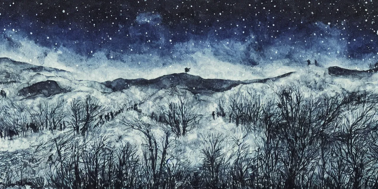 Prompt: laurentian appalachian mountains in winter, unique, original and creative black ink surrealist landscape artwork, snowy night, aurora borealis, deers, lonely human, fascinating textures, dripping paint