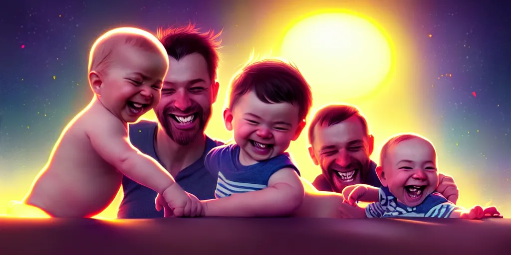 Image similar to epic professional digital art of a happy baby boy with his two fathers, best on artstation, cgsociety, wlop, cosmic, epic, stunning, gorgeous, much detail, much wow, masterpiece, backlight