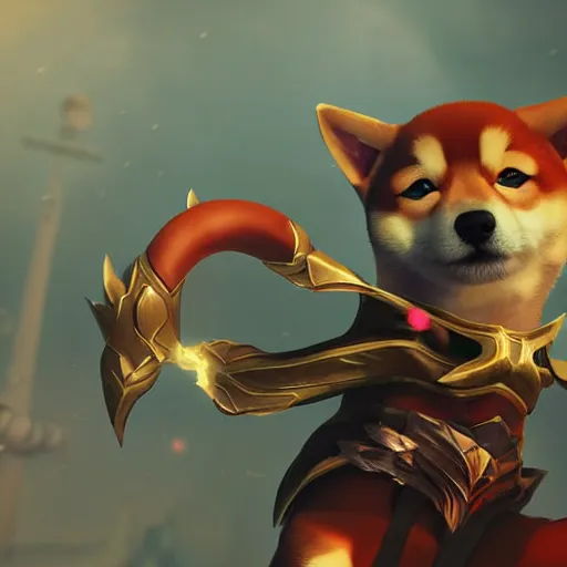 Image similar to shiba inu as a league of legends character, michael maurino, alex flores, paul kwon, cinematic, 3 d cgi, dramatic lighting, focus, smooth, heroic