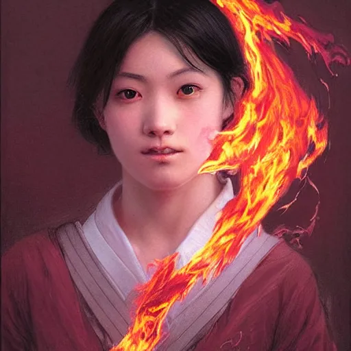 Prompt: Portrait of a Japanese schoolgirl with short hair and lilac eyes causing flames in a moment of rage, hyperdetailed, artstation trending, world renowned artists, worth1000.com, historic artworks society, antique renewel, cgsociety, by greg rutkowski, by Gustave Dore, Deviantart
