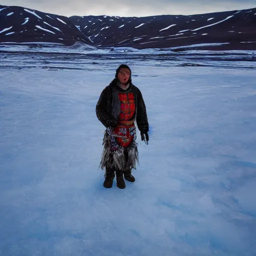 Image similar to portrait of an indigenous inuit standing on ice in the arctic tundra littered with plastic bottles