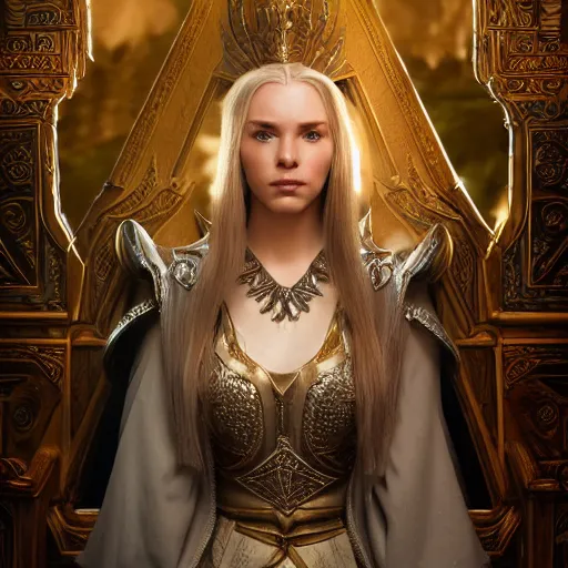 Image similar to the elder scrolls vi, charismatic regal blonde high elf female jarl, portrait, exquisitely designed throne room, atmospheric lighting, painted, intricate, volumetric lighting, beautiful, daytime, sunny weather, sharp focus, deep colours, ultra detailed, by leesha hannigan, ross tran, thierry doizon, kai carpenter, ignacio fernandez rios