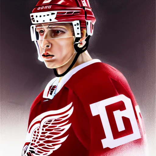 Image similar to Portrait of Red Wings hockey player Igor Larionov, fantasy, intricate, elegant, highly detailed, digital painting, artstation, concept art, smooth, sharp focus, luxury fashion illustration, art by artgerm and greg rutkowski and alphonse mucha, brightly lit cinematic soft lighting, photorealistic