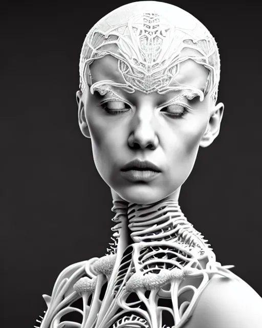 Image similar to bw 3 d render, stunning beautiful young angelic cute biomechanical albino female cyborg with a porcelain profile face, rim light, big leaves and stems, roots, fine foliage lace, alexander mcqueen, art nouveau fashion embroidered collar, steampunk, silver filigree details, hexagonal mesh wire, mandelbrot fractal, elegant, artstation trending