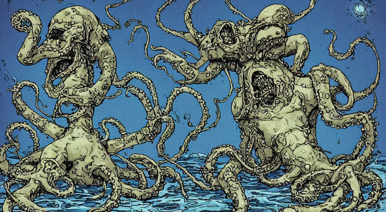 Prompt: esoteric kraken like monster who lives under a lake of methane who controls robots