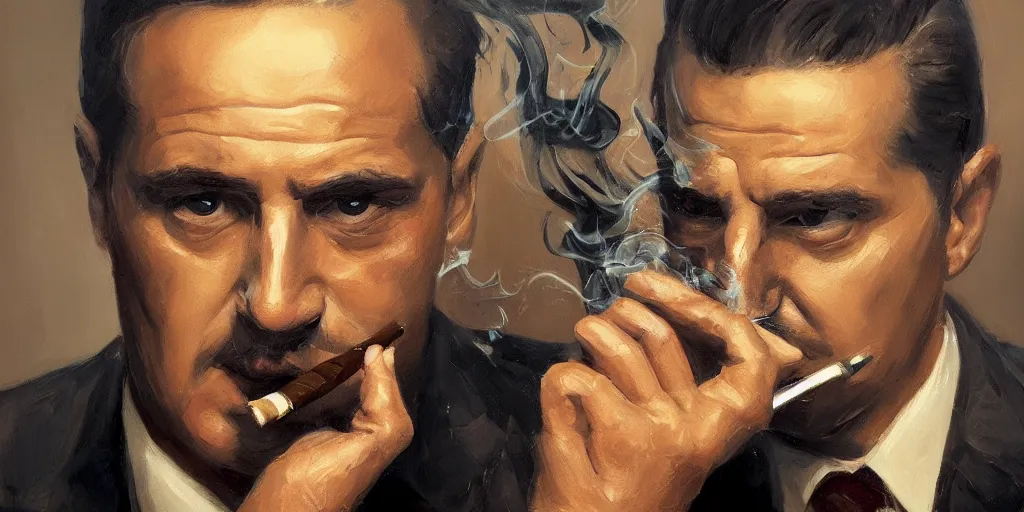 Image similar to abstract oil matte portrait painting, mafia boss smoking a cigar at his 5 0 s new york office desk, wonderful masterpiece highly detailed, beautiful cinematic light deep focus, elegant, digital painting, smooth, sharp focus, golden ratio, dramatic illumination, ultra realistic, 8 k, art by jimmy law