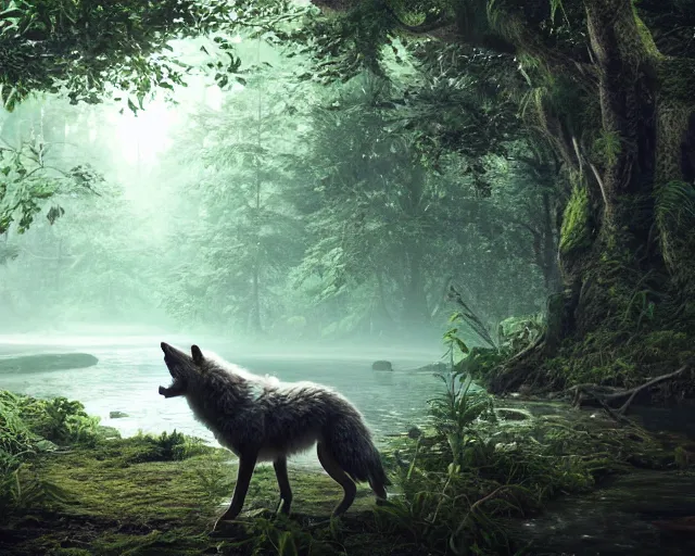 Prompt: a wolf standing on a riverbank in a forest, natural lighting, ultra realistic, concept art, intricate details, highly detailed, photorealistic, octane render, 8 k, unreal engine