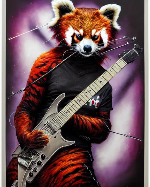 Image similar to a portrait of an anthropomorphic cyberpunk red panda shredding an electric guitar by sandra chevrier, by jon foster, detailed render, electric guitar, epic composition, cybernetics, 4 k realistic, cryengine, realistic shaded lighting, sharp focus, masterpiece, by enki bilal