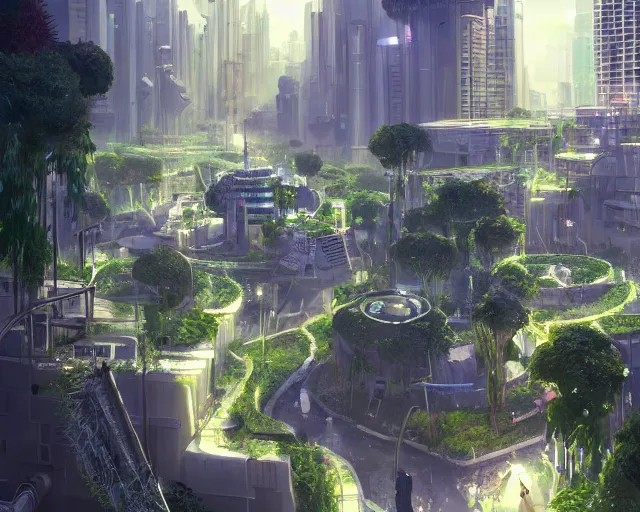 Image similar to A utopian futuristic city with green plants and flowing white buildings, brightly lit by the sun, beautiful lighting, highly detailed digital art, trending on Artstation