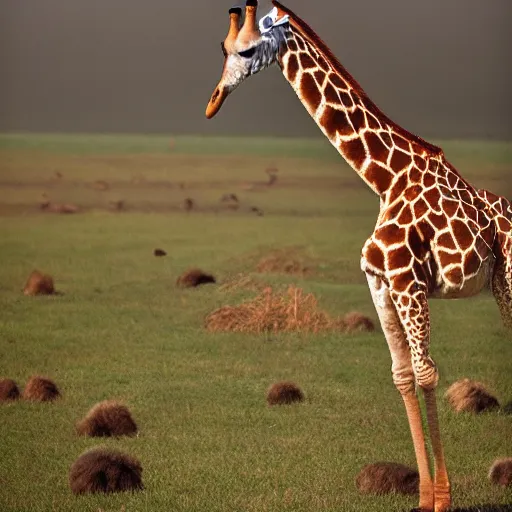 Image similar to giraffe duck hybrid, bold natural colors, national geographic photography, masterpiece, full shot