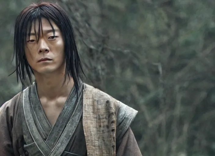 Prompt: movie still from Rurouni Kenshin, 2012, cinematic, Takeru Satoh, samurai half man half asian black bear, epic