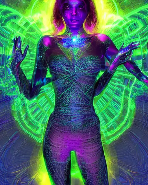 Prompt: a powerful energy psychedelic matrix sorceress, by alexander fedosav, hyper detailed digital matte painting, concept art, hyperrealism, 1 6 k resolution, cinema 4 d, 8 k resolution, trending on artstation, behance hd, a masterpiece, by stephan martiniere, particles, cel - shaded, power bright neon energy, by david a. hardy,
