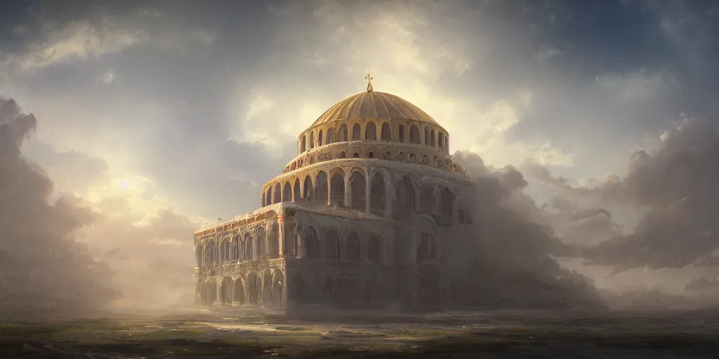 Prompt: beautiful digital illustration of a Byzantine palace in a sea of clouds by Andreas Rocha, fluffy pastel clouds, establishing shot, cinematic, architecture, concept art, deviantArt, artsation, artstation HQ, HD, 16k resolution, smooth, sharp detail, amazing depth, octane, finalRender, Unreal Engine