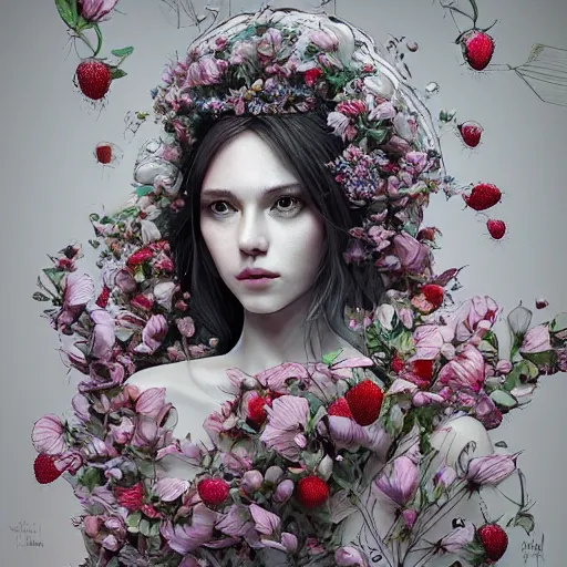 Image similar to the portrait of an absurdly beautiful, graceful, elegant, sophisticated, fashionable young woman made of strawberries and white petals with tears, an ultrafine hyperdetailed illustration by kim jung gi, irakli nadar, intricate linework, bright colors, octopath traveler, final fantasy, unreal engine 5 highly rendered, global illumination, radiant light, detailed and intricate environment