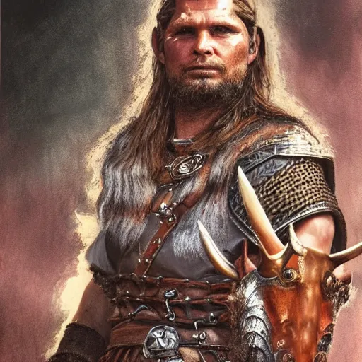 Image similar to of a viking from valhalla, wearing the horned helmet ultra fine detail, hair strands, ultra high resolution, fine texture detail, miniature painting techniques, perfect proportions, marvel cinematic universe, eric bana