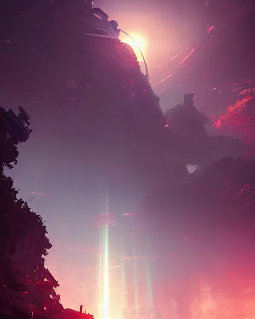 Prompt: beautiful landscape, nier automata, protoss temple!!!, machine planet, pink sun, tropical forest, colorful light, advanced technology, cinematic lighting, highly detailed, masterpiece, art by bastien grivet and darwin cellis and jan urschel