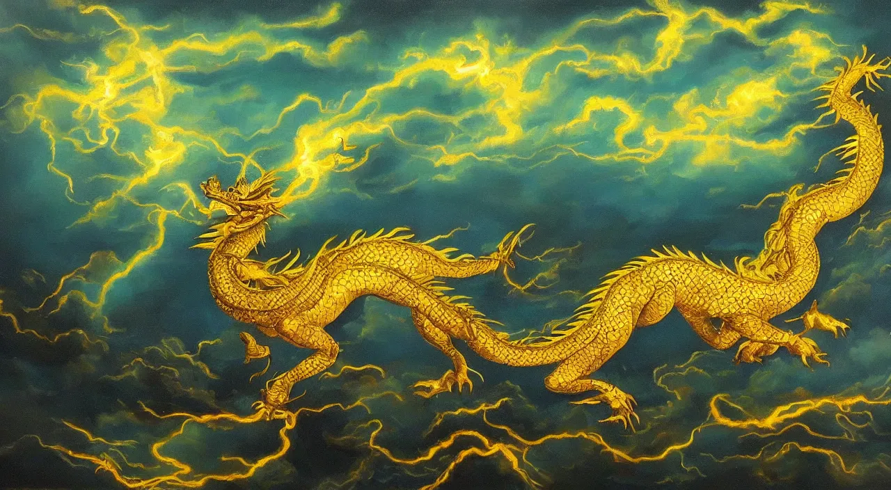 Prompt: beautiful oil painting of golden eastern dragon in sky, green lightning, night clouds, above forest