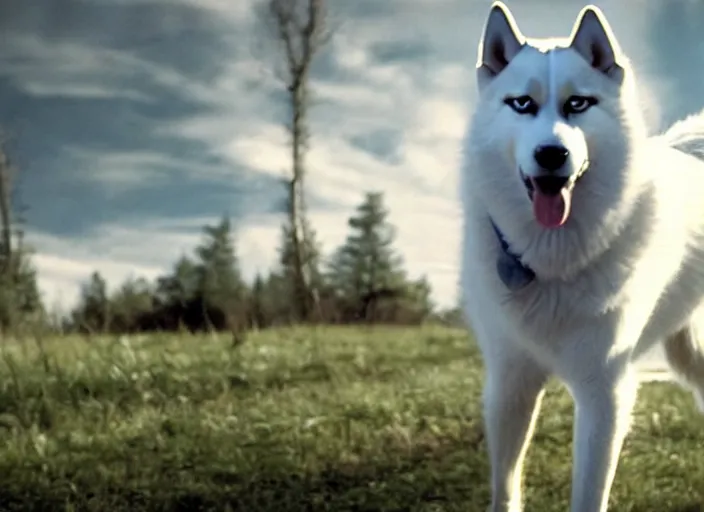 Image similar to film still of an anthropomorphic standing upright man dog white vested husky!!!!!! in a white vest wearing a white vest!!!!! in the new sci - fi movie, 8 k