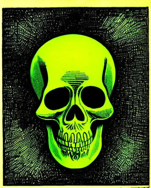 Image similar to illustration of a neon green skull floating over cubes from the dictionarre infernal, etching by louis le breton, 1 8 6 9, 1 2 0 0 dpi scan