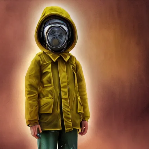 Prompt: detailing photo realistic concept art of child girl wearing army gas mask and yellow rain coat, golden hour