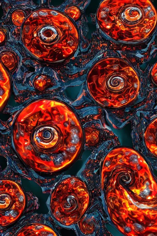 Prompt: A single elemental firestone burning hot and covered in flowing fluid art. Set aflame. Ruby Stone. Liquid Gold. Lava. Crystal structure. Hexagon Shapes. Glowing Hot. Snail Shell. Melting. Intricate. Hyper Real. 4K. Octane Render. Empty Background. Black Background.