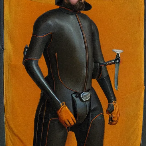 Image similar to dutch golden age painting portrait of gordon freeman wearing a hev suit, very detailed, very intricate, 8 k,