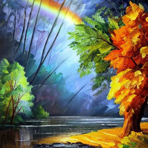 Image similar to A beautiful, highly detailed, very realistic oil painting of a single tree with rainbow leaves, next to a small river, glowing bright blue in the middle of a huge, very dark cave, with lots of dark grey rocks, oil painting by Afremov and Greg Rutkowski.