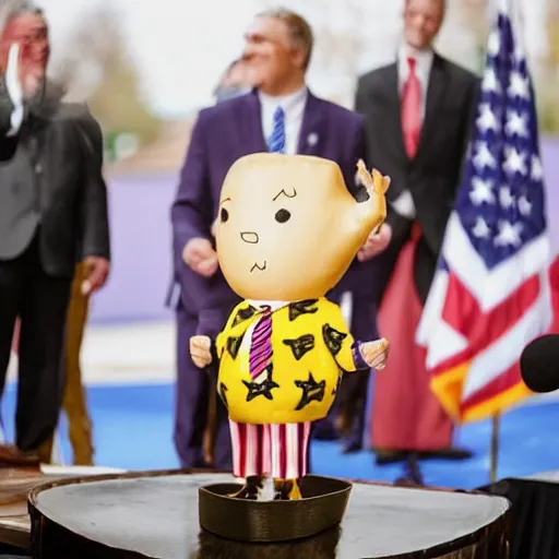 Image similar to a baked potato running for president, wearing a presidential suit and tie, press conference