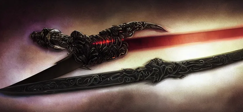 Image similar to legendary cybernetic sword lying flat on a glowing table with a long sharp black and iridescent sword blade, digital award winning hd matte painting, intimate dark moody, intricate, ornate spikes, colorful hilt, detailed realistic, raytraced blade, colored gems, future golden technological pommel, in the style of greg rutkowski and krenz cushart, deviantart