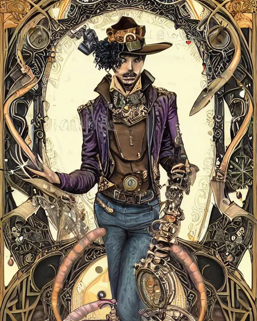 Image similar to a detailed portrait illustration of a steampunk songmage - bard. handsome male face, female body. art nouveau, pop art, comic book style. influenced by neil gaiman, h. p. lovecraft, dan mumford, brian froud, vadim voitekhovitch, killian eng, ross tran, ed emshwiller.