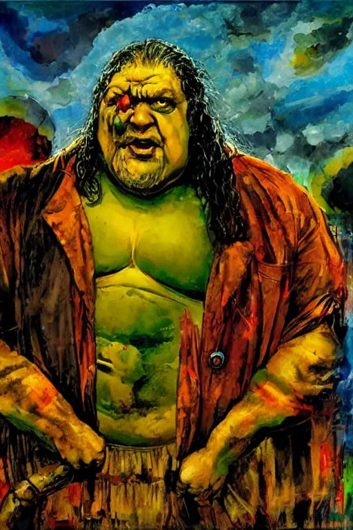 Image similar to surreal a hulking herculean hagrid in a post apocalyptic hellscape, esoteric symbolism, intense emotional power, red yellow black, palette knife oil painting by peter booth and william blake