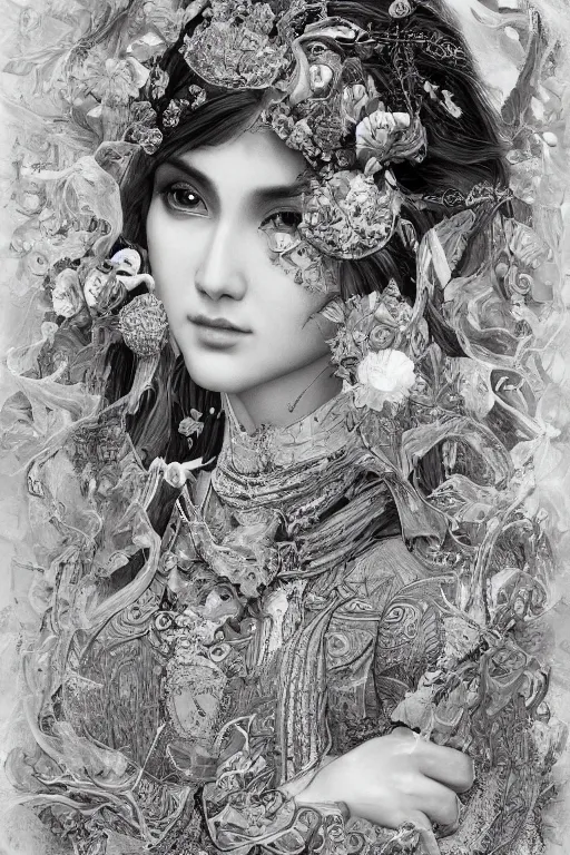 Image similar to An extremely beautiful pre-raphaelite ornate portrait of a very beautiful asian witch, surreal, ultradetailed, intricate, elegant, digital art painting, concept art, smooth, sharp focus, magazine art cover illustration, regal, award winning picture, extremely detailed masterpiece, sense of awe, featured on Artstation, Artgerm, winning award piece, ethereal bubbles, Aetherpunk, low-key neon lightning, stormy weather, Exquisite floral details, 8K detail post-processing, matte, oil painting