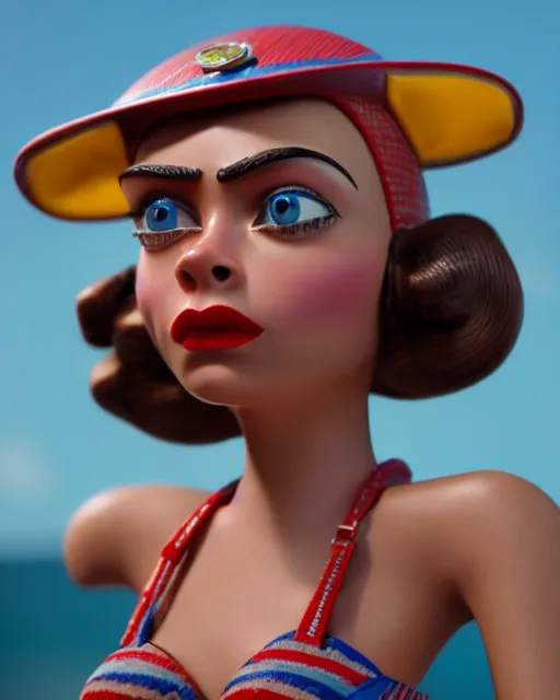 Image similar to highly detailed closeup, face profile portrait of a tin toy retro 1 9 5 0 s cara delevingne, bikini, unreal engine, max fleischer, global illumination, detailed and intricate environment