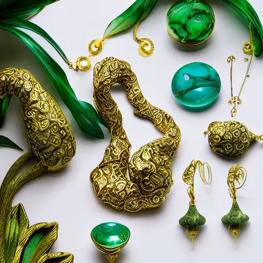 Prompt: jewellery with filigree faberge orchid betta whiplash forest liquid lightshow twisted organic natural forms designed by kilian eng and william morris, gold and jade, studio photography beautiful set up