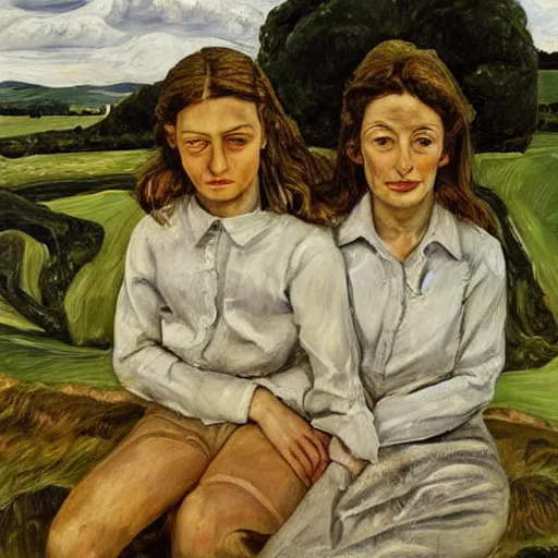 Prompt: a portrait of two beautiful sisters in a scenic environment by lucian freud
