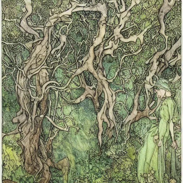 Image similar to a detailed, intricate watercolor and ink portrait illustration with fine lines, of a forest of gnarled trees and mossy ground, by arthur rackham and edmund dulac and ted nutall and mucha