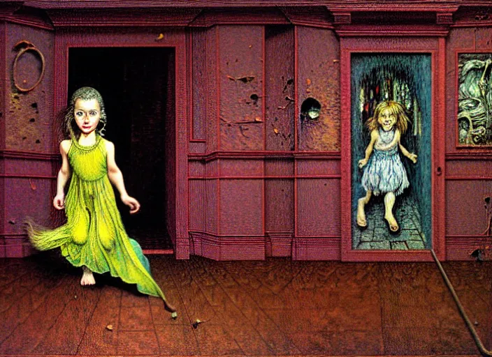 Prompt: realistic detailed photo rendered in octane 3d , of a little girl running inside of an old creepy haunted house, by Francis Bacon, by Ivan Bilibin, by Alex Grey, by Austin Osman Spare., by Ayami Kojima, Amano, Karol Bak, Greg Hildebrandt, and Mark Brooks , rich deep colors. Beksinski painting, art by Takato Yamamoto. masterpiece. rendered in blender, ultra realistic, smooth shading, ultra detailed, high resolution, cinematic, unreal 6