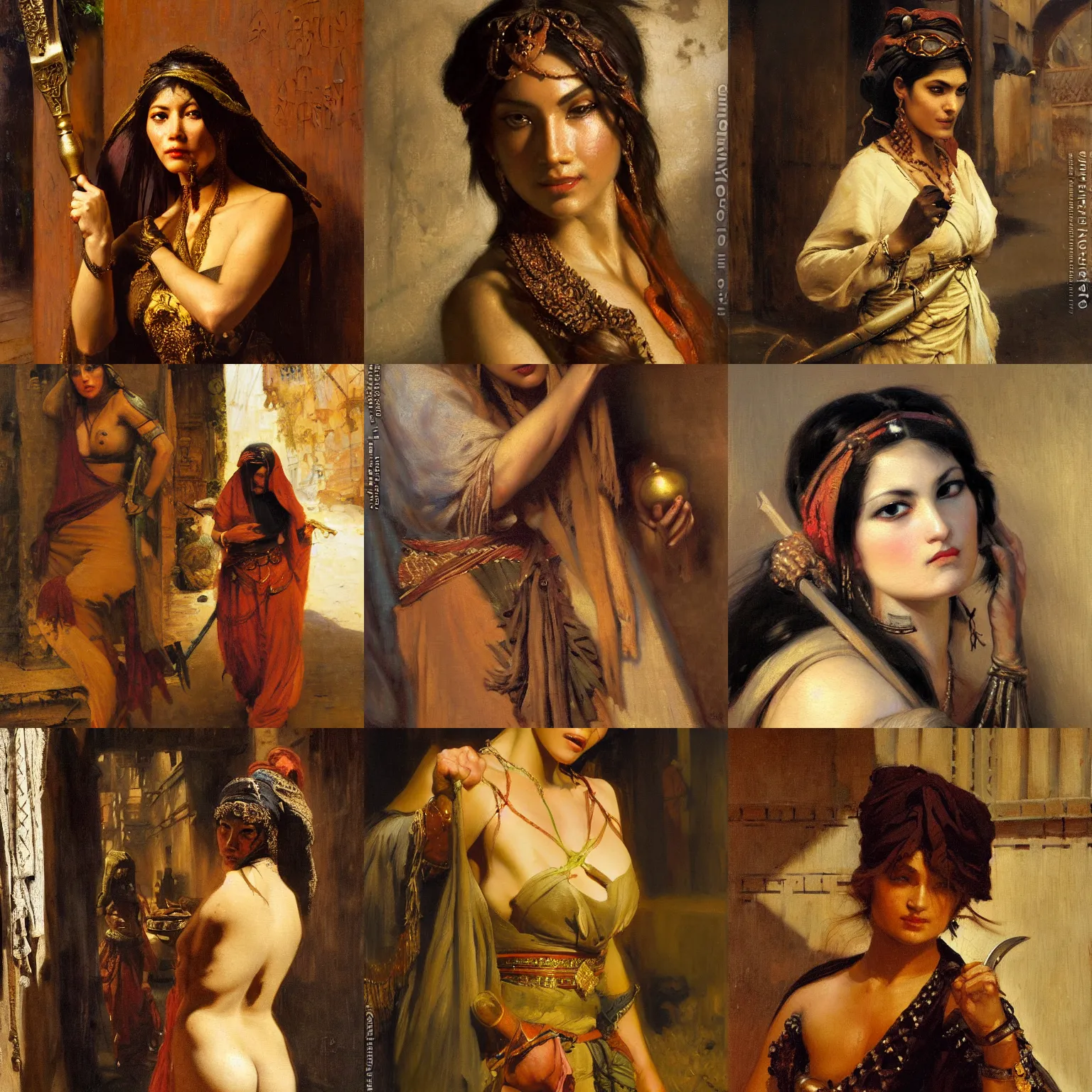 Prompt: orientalism painting of a female thief in a dark alleyway face detail by theodore ralli and nasreddine dinet and anders zorn and nikolay makovsky and edwin longsden long, bronze age, sword and sorcery, oil on canvas, masterful intricate artwork, excellent lighting, high detail 8 k