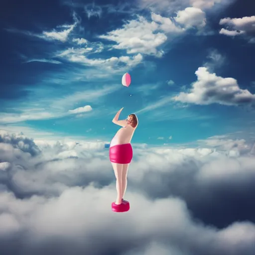 Prompt: inflated woman floating among the clouds, photorealistic