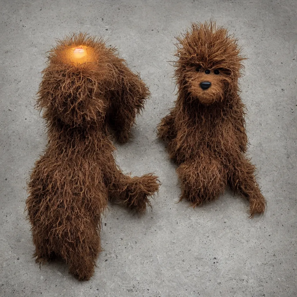 Prompt: Chia pet of Chewbacca’s head sitting on a concrete table, dimly lit