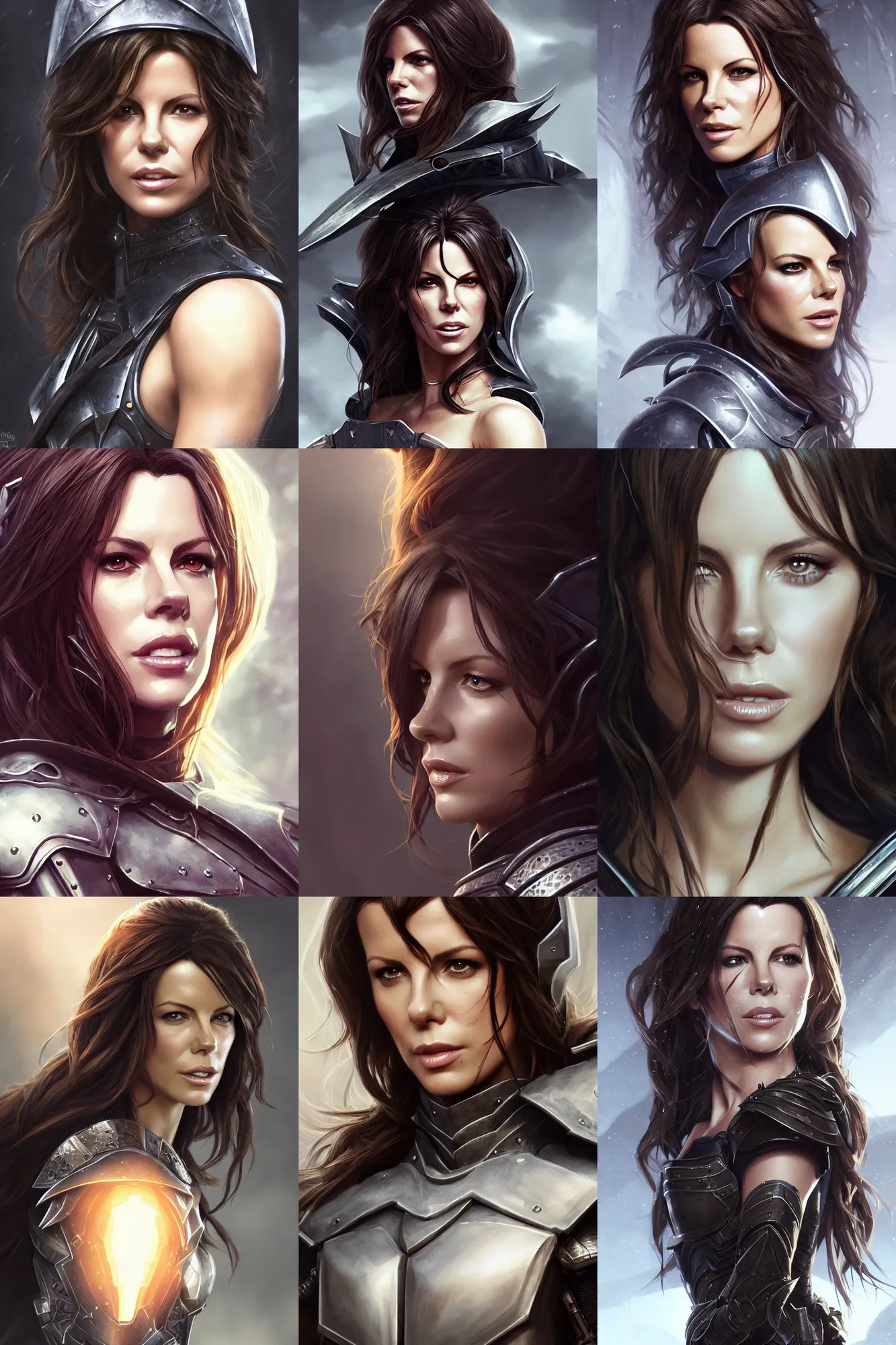 Prompt: detail close portrait kate beckinsale as dnd paladin, weared in fullplate armor, highly detailed, d & d, fantasy, highly detailed, digital painting, trending on artstation, concept art, sharp focus, illustration, art by ilya kuvshinov