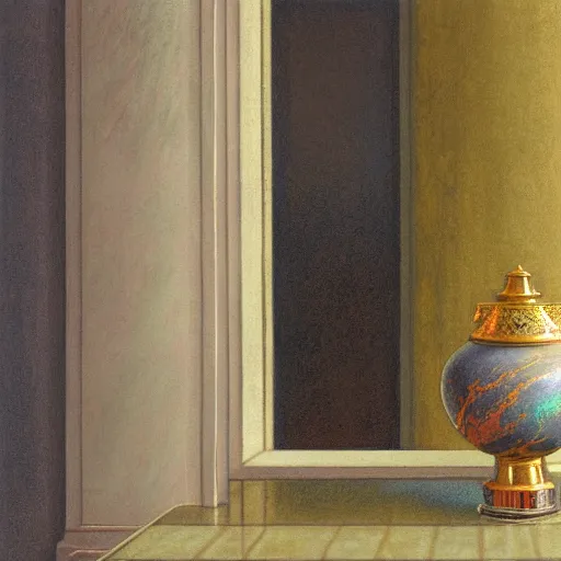 Image similar to still life painting of a room with a balcony and a marbled pedestal displaying an ancient holy blinkmoth urn artifact, centered in frame chromed and ornate with gentle iridescent shine from within. perspective from the side. realistic light and shadows. moody fantasy art, still life renaissance pastel painting. close up