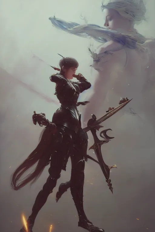 Prompt: girl with armor fighting with ten sword flying around her by hsiao ron cheng, by gaston bussiere, anna nikonova aka newmilky, greg rutkowski, yoji shinkawa, yoshitaka amano, trending on artstation, featured on pixiv, cinematic composition, 8 k