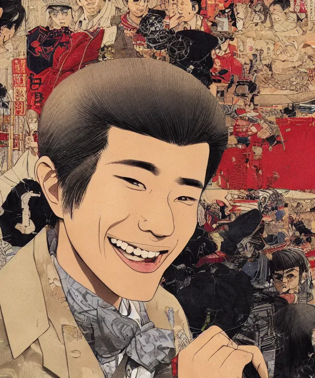 Prompt: a portrait of handsome a young japanese man who is smiling enthusiastically into the camera, a masterful and highly - skilled full color illustration by otomo katsuhiro, jon foster and terada katsuya