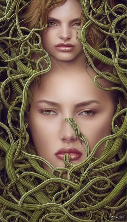 Image similar to very detailed portrait of a 2 0 years old girl surrounded by tentacles, the youg woman visage is blooming from fractal and vines, by rob hefferan