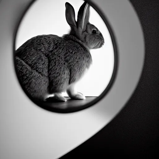 Prompt: profile portrait of a rabbit looking in a mirror, dark room, top lit